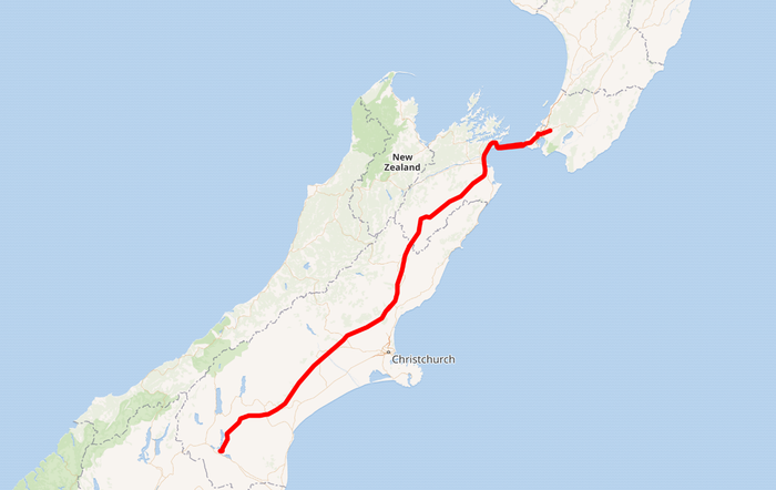 The path of the HVDC running from Benmore in the South Island to Haywards in the North Island