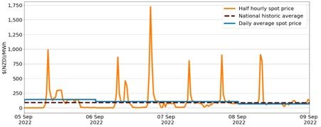 Graph showing average half hourly spot prices from 5-9 September 2022